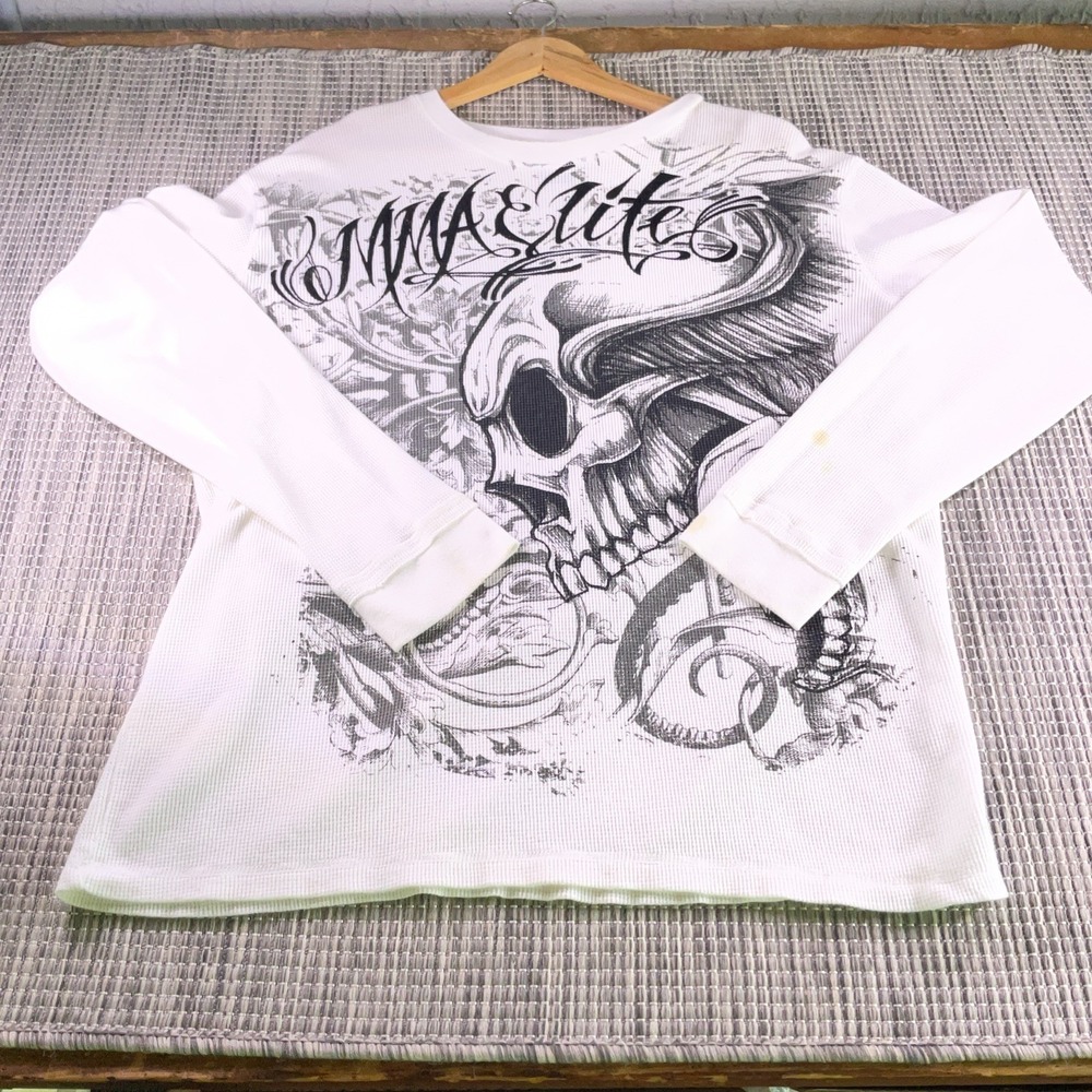 MMA Elite Mens 2XL White Thermal Long Sleeve Graphic Skull Shirt MMA Life Waffle